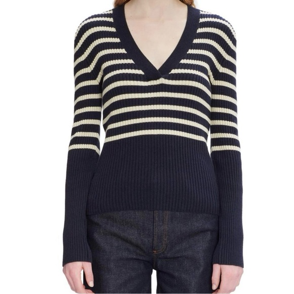 A.P.C. Women's V-Neck Sweater in Dark Navy and Ecru Stripes - Picture 5 of 10